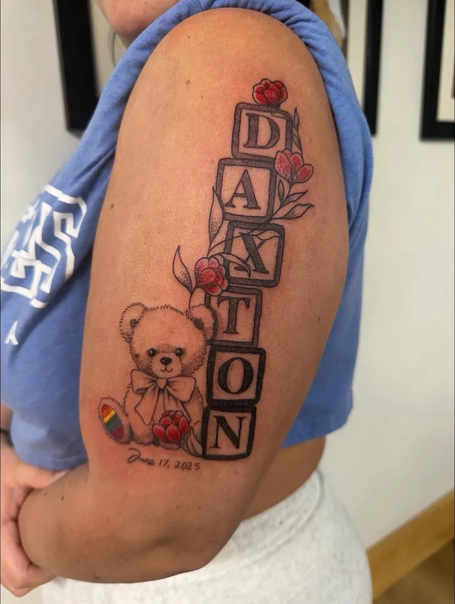 Memorial blocks "DAXTON" with teddy bear & poppies — bicep