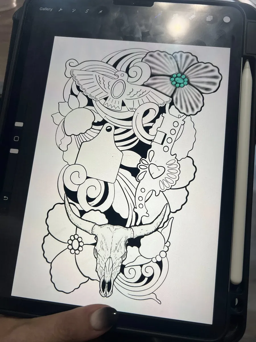 Custom design on iPad — bull skull, eagle, cattle tag