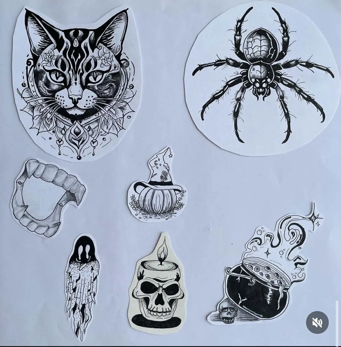 Witchy flash sheet — cat, spider, candle, ghost, skull, cauldron