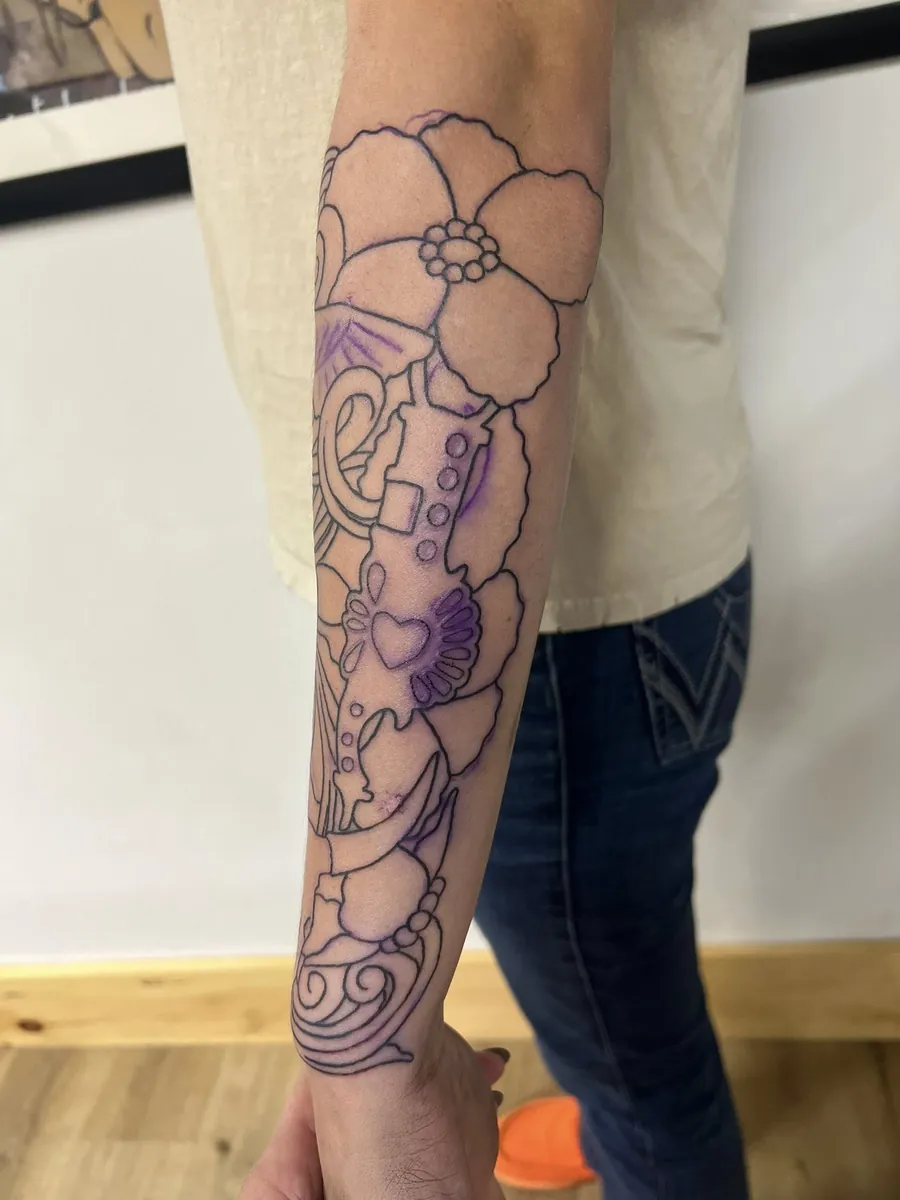 Sleeve in progress — poppy, revolver, locket linework
